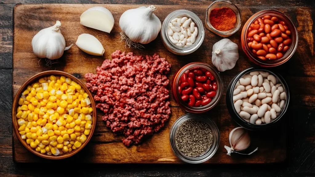 Ingredients for cowboy soup, including ground beef, diced tomatoes, beans, corn, onions, garlic, and seasonings, arranged on a wooden cutting board.