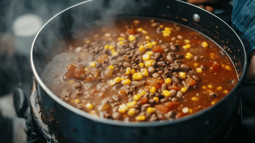 A large pot of cowboy soup simmering with beef, beans, corn, and tomatoes, stirred with a wooden spoon.