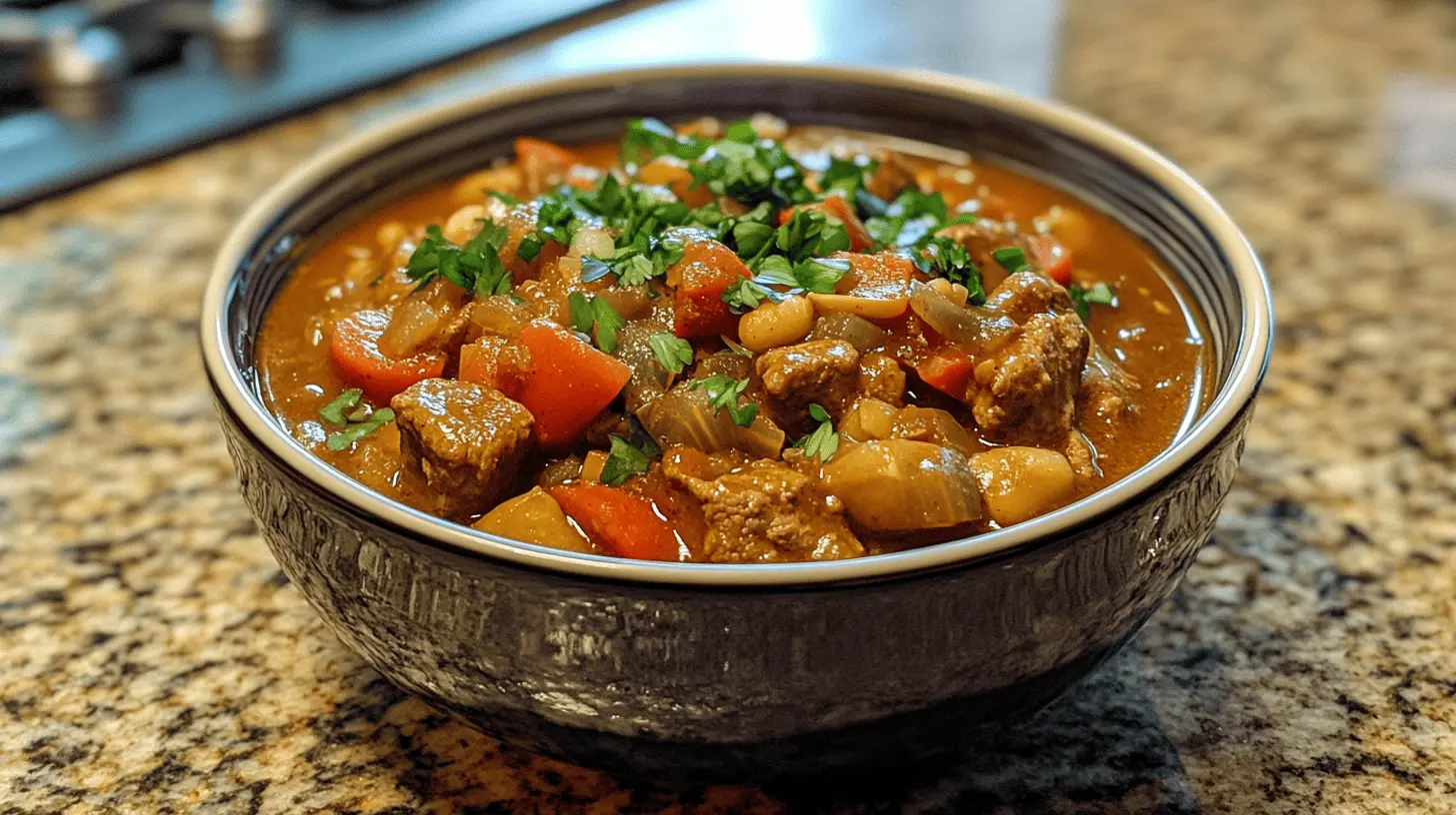 A bowl of hearty cowboy soup filled with chunks of beef, beans, tomatoes, and vegetables, garnished with fresh parsley, served in a rustic dark ceramic bowl on a granite countertop.