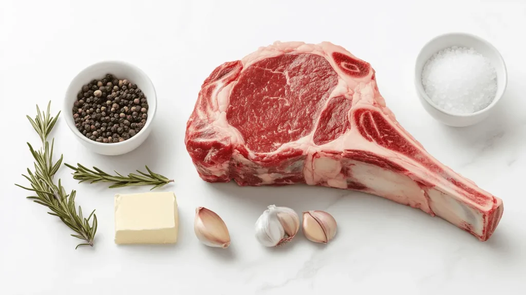 Ingredients for cowboy steak neatly arranged on a marble countertop, including a bone-in ribeye steak, salt, pepper, butter, garlic, and fresh rosemary.