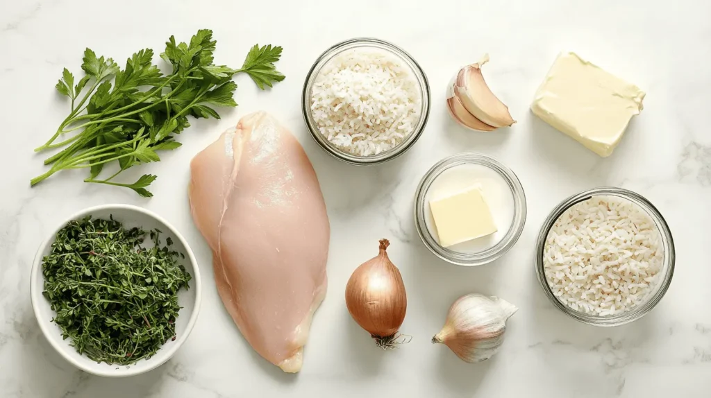 Ingredients for creamy chicken and rice, including chicken, rice, cream, butter, and fresh herbs, neatly arranged on a kitchen countertop.