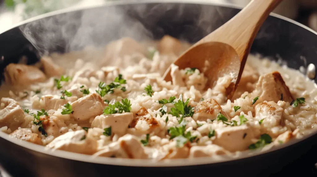 A skillet of creamy chicken and rice on a stovetop, with a wooden spoon stirring in fresh parsley.