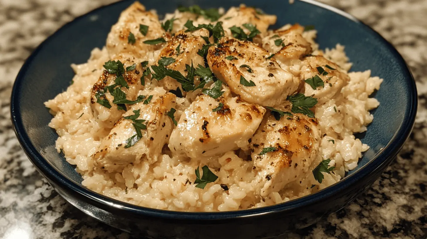 A bowl of creamy chicken and rice topped with seared chicken pieces and garnished with fresh parsley, served in a deep blue dish on a marble countertop.