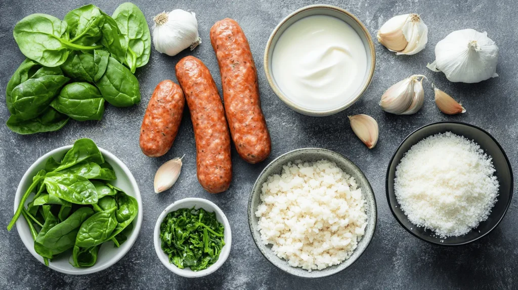 Flat lay of ingredients for Creamy Parmesan Italian Sausage Soup: Italian sausage, parmesan cheese, spinach, garlic, onions, heavy cream, and chicken broth.