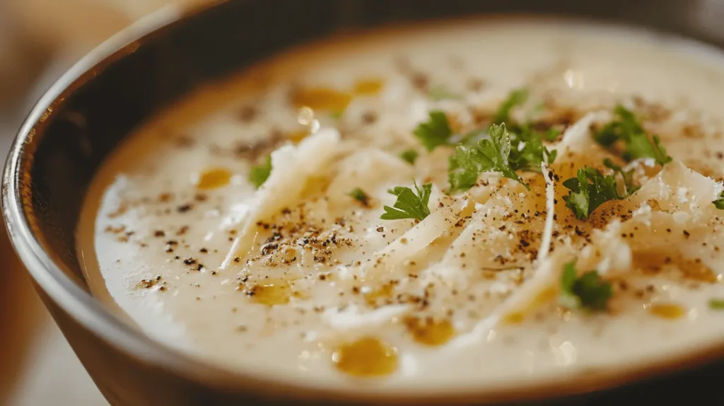 A close-up of Creamy Parmesan Italian Sausage Soup garnished with grated parmesan, parsley, and a touch of black pepper.