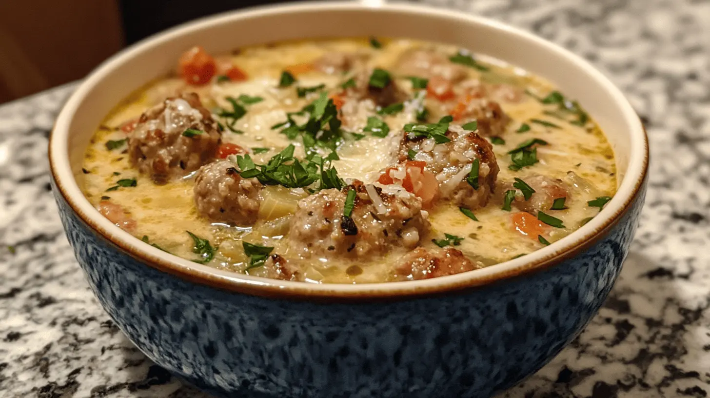 Creamy Parmesan Italian Sausage Soup in a bowl served on a kitchen countertop