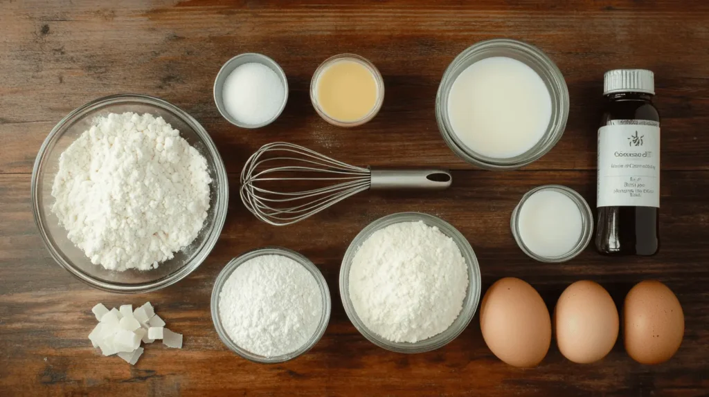 Flat lay of ingredients for Donut Cake, including flour, sugar, baking powder, eggs, milk, melted butter, and vanilla extract on a rustic countertop.