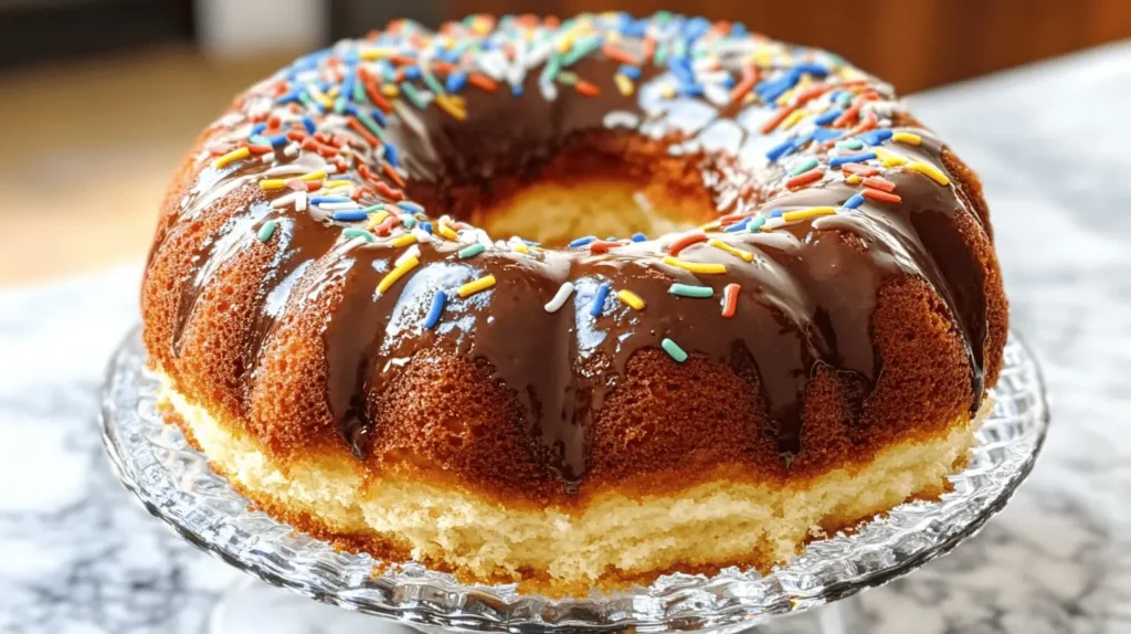 A golden-brown donut cake on a glass cake stand, drizzled with rich chocolate glaze and topped with colorful sprinkles, displayed on a marble countertop.