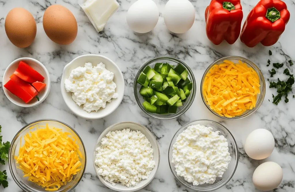 Fresh ingredients for egg casserole with cottage cheese, including eggs, cottage cheese, bell peppers, and shredded cheese arranged on a marbel countertop.