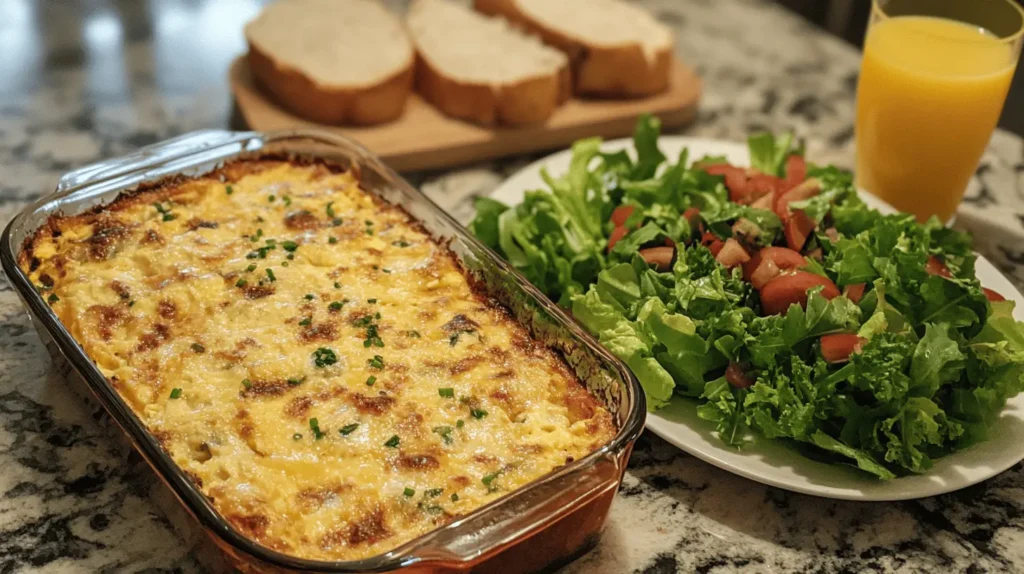 Egg casserole served with a fresh green salad, crusty bread, and a glass of orange juice on a marble countertop