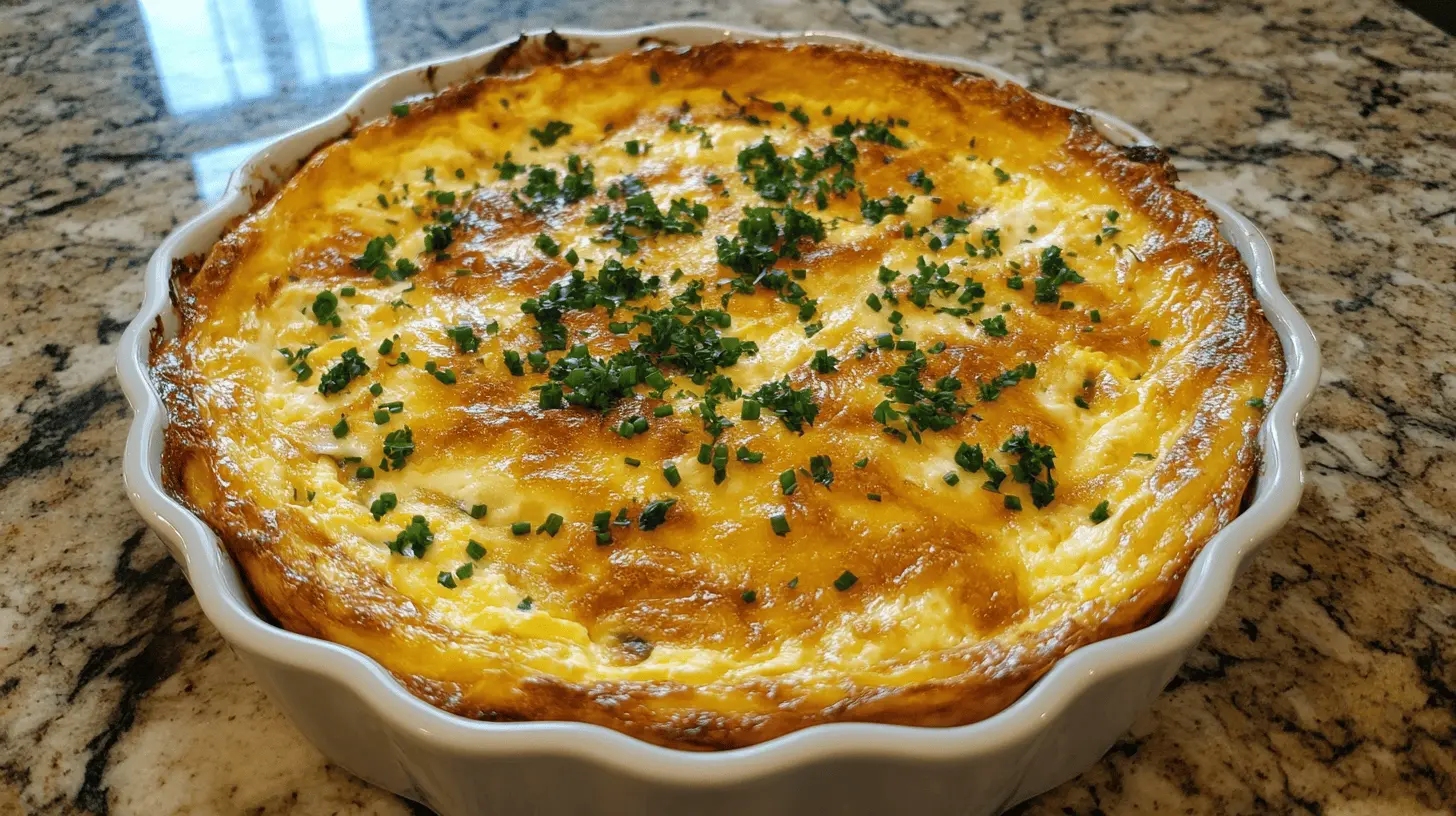 Golden-brown egg casserole with cottage cheese, topped with fresh parsley, served in a baking dish with ingredients like eggs and vegetables on the side.