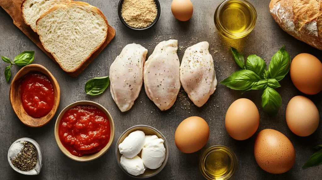 All the ingredients for grilled chicken parmigiana, including chicken breasts, breadcrumbs, mozzarella, marinara sauce, and fresh basil.