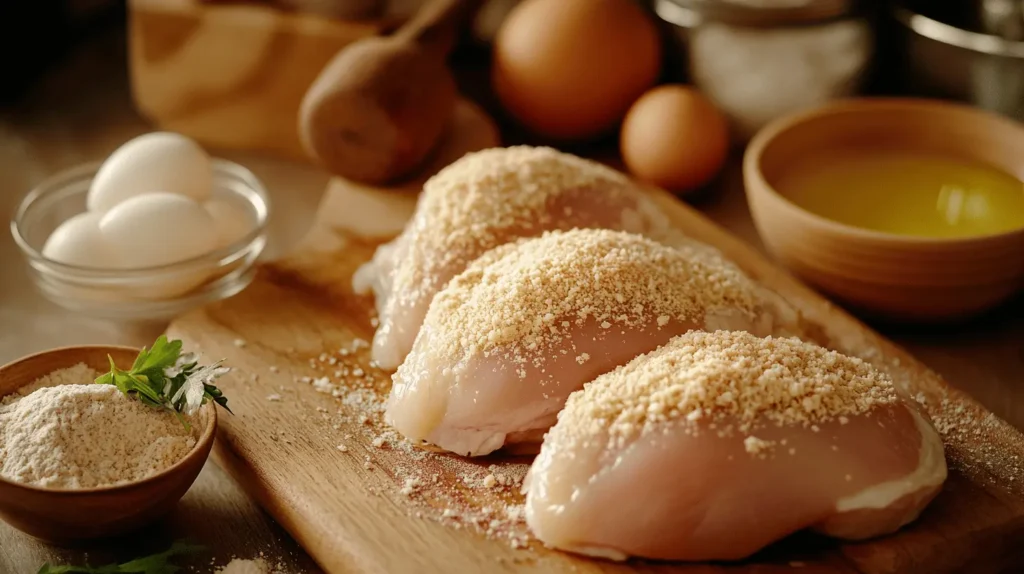 Realistic image of chicken breasts being pounded to an even thickness on a wooden cutting board with a meat mallet. Nearby, bowls contain panko and regular breadcrumbs, a small dish with whisked eggs, and a light drizzle of olive oil. The warm kitchen ambiance and natural lighting highlight the preparation process for grilling.