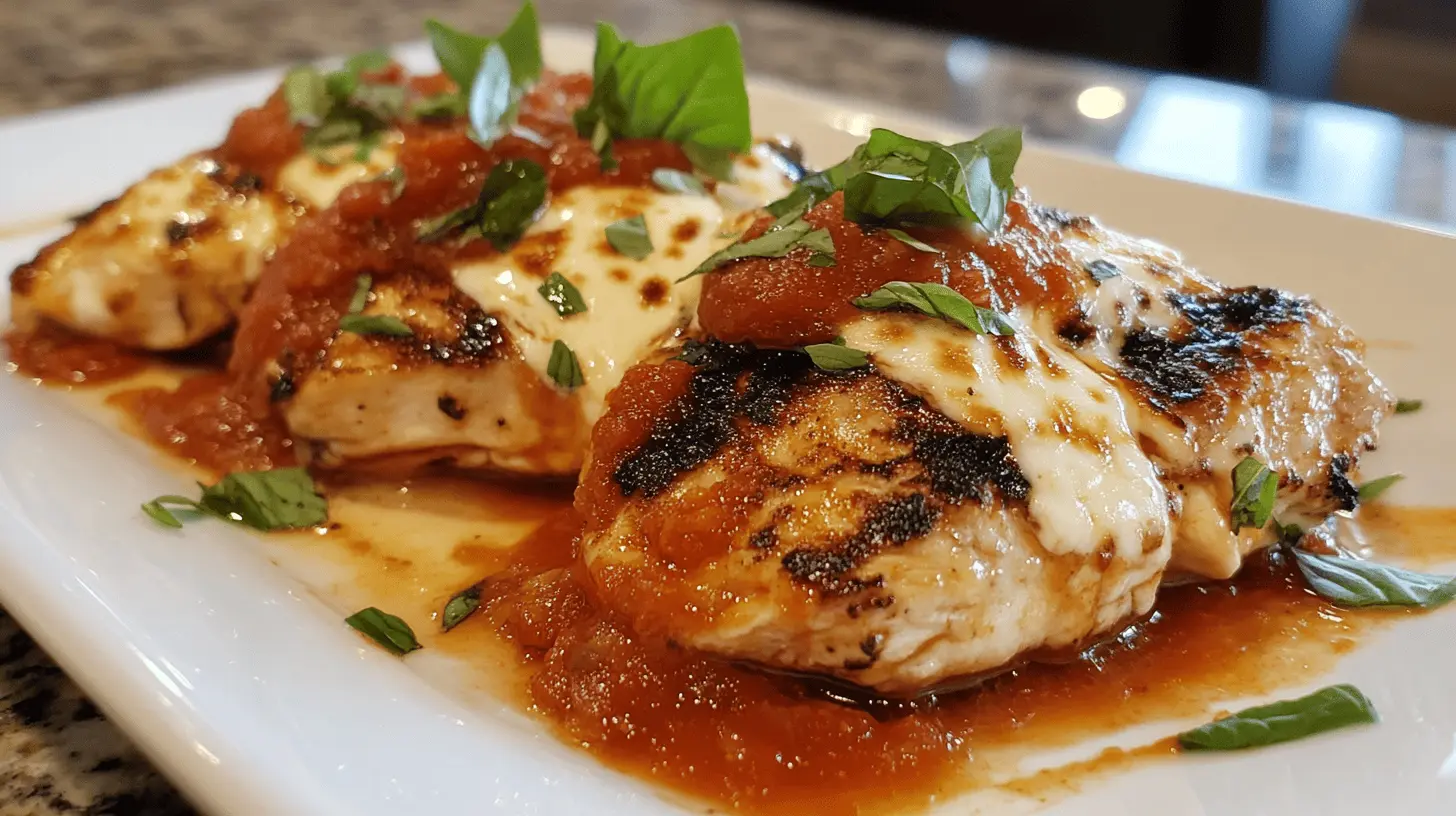 Grilled Chicken Parmigiana served on a plate with golden-brown crispy chicken, melted mozzarella, and marinara sauce.