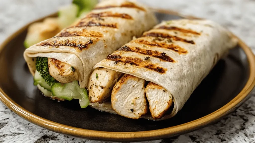 A grilled chicken wrap filled with grilled chicken and veggies.