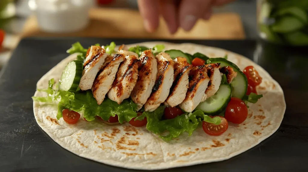 A tortilla being filled with grilled chicken, lettuce, tomatoes, and cucumbers.