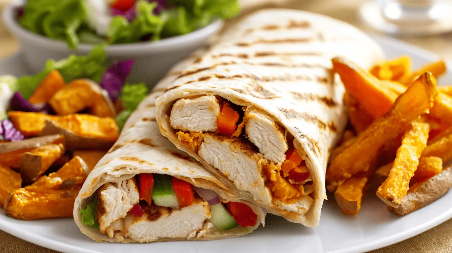 A grilled chicken wrap sliced in half, served with sweet potato fries and a small salad.