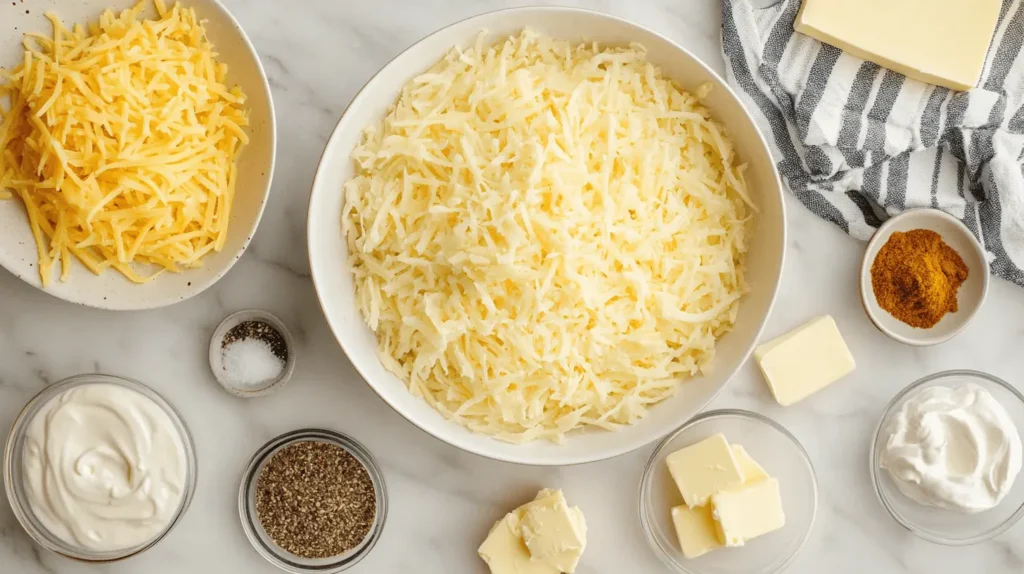 Ingredients for hashbrown casserole displayed neatly: shredded potatoes, cheddar cheese, cream of chicken soup, sour cream, butter, and spices.