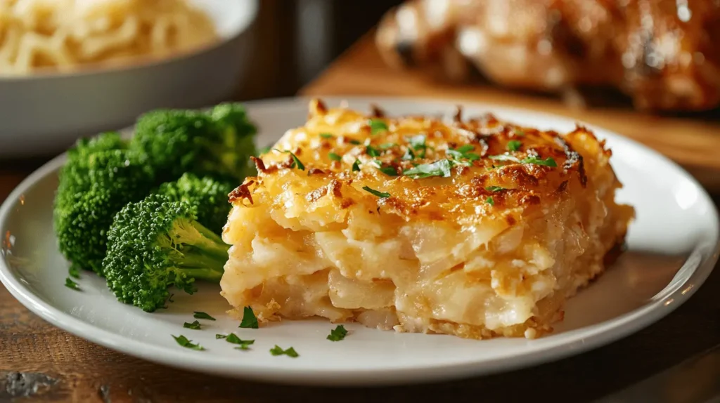 A slice of hashbrown casserole served on a white plate with a side of steamed broccoli.