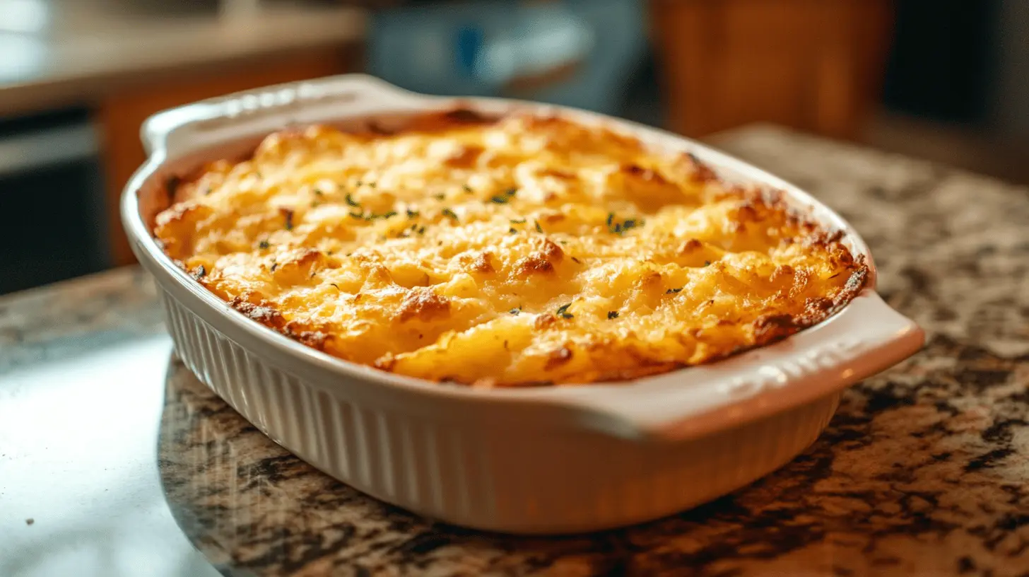 A freshly baked hashbrown casserole in a white ceramic dish, with a golden, crispy top garnished with parsley, sitting on a granite countertop in a warmly lit kitchen.