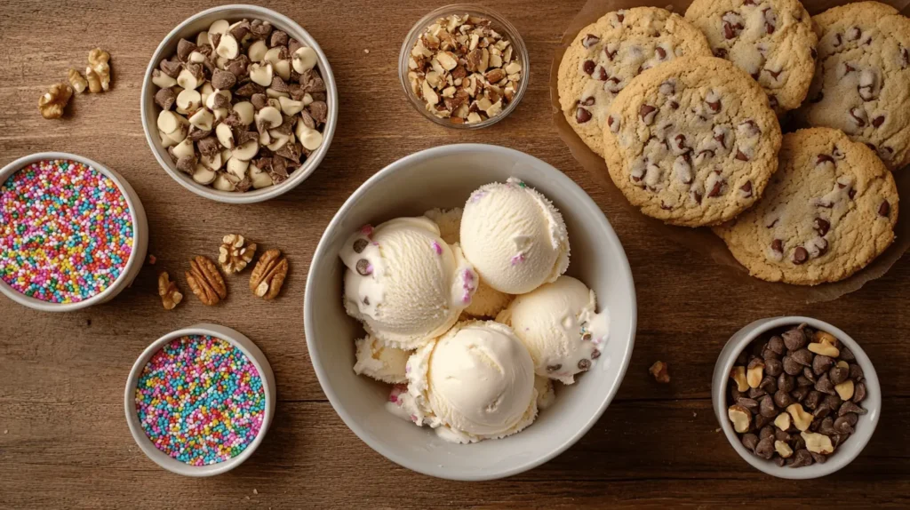 Ingredients for ice cream cookie sandwiches, including chocolate chip cookies, vanilla ice cream, and colorful sprinkles, arranged on a wooden countertop.