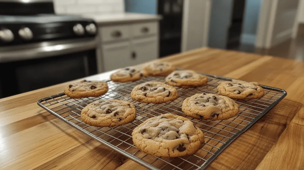 Freshly baked chocolate chip cookies cooling on a wire rack, ready to be used for ice cream cookie sandwiches.