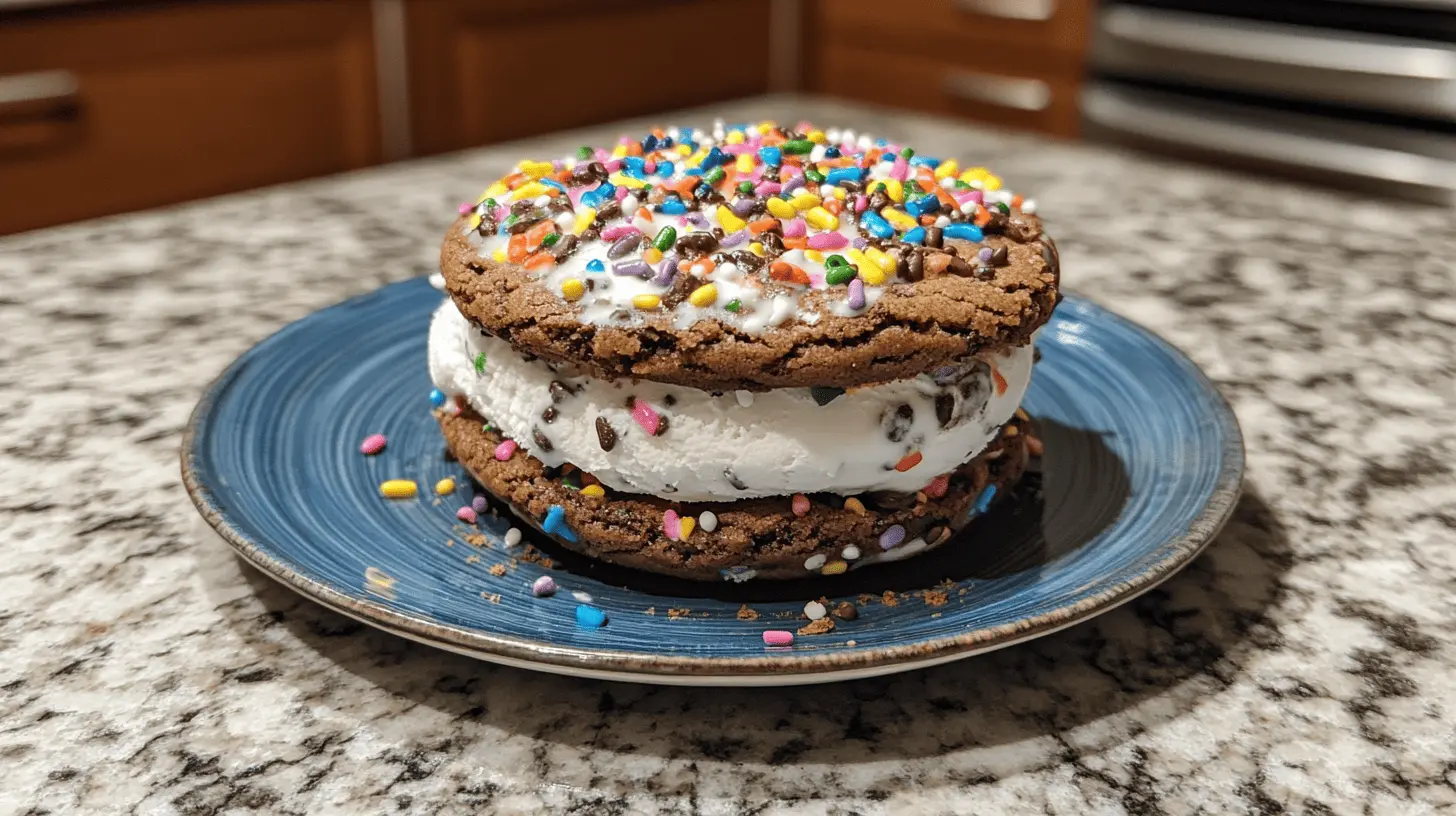 A chocolate chip ice cream cookie sandwich decorated with colorful sprinkles, served on a blue plate placed on a granite countertop.