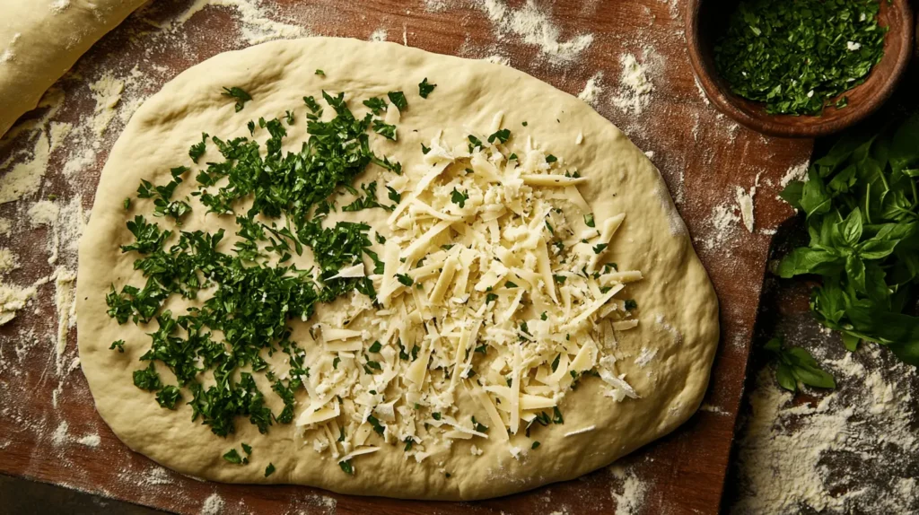 Dough rolled out with fresh chopped herbs and shredded cheese being evenly sprinkled on top.