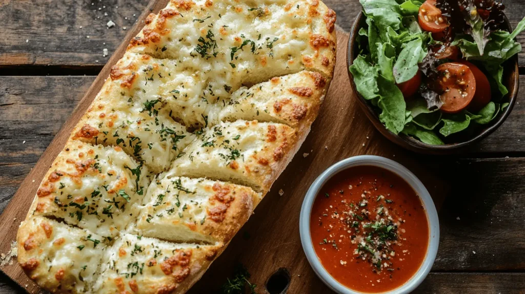 Slices of Italian herbs and cheese bread served with a bowl of tomato soup and a side salad, on a rustic wooden table.