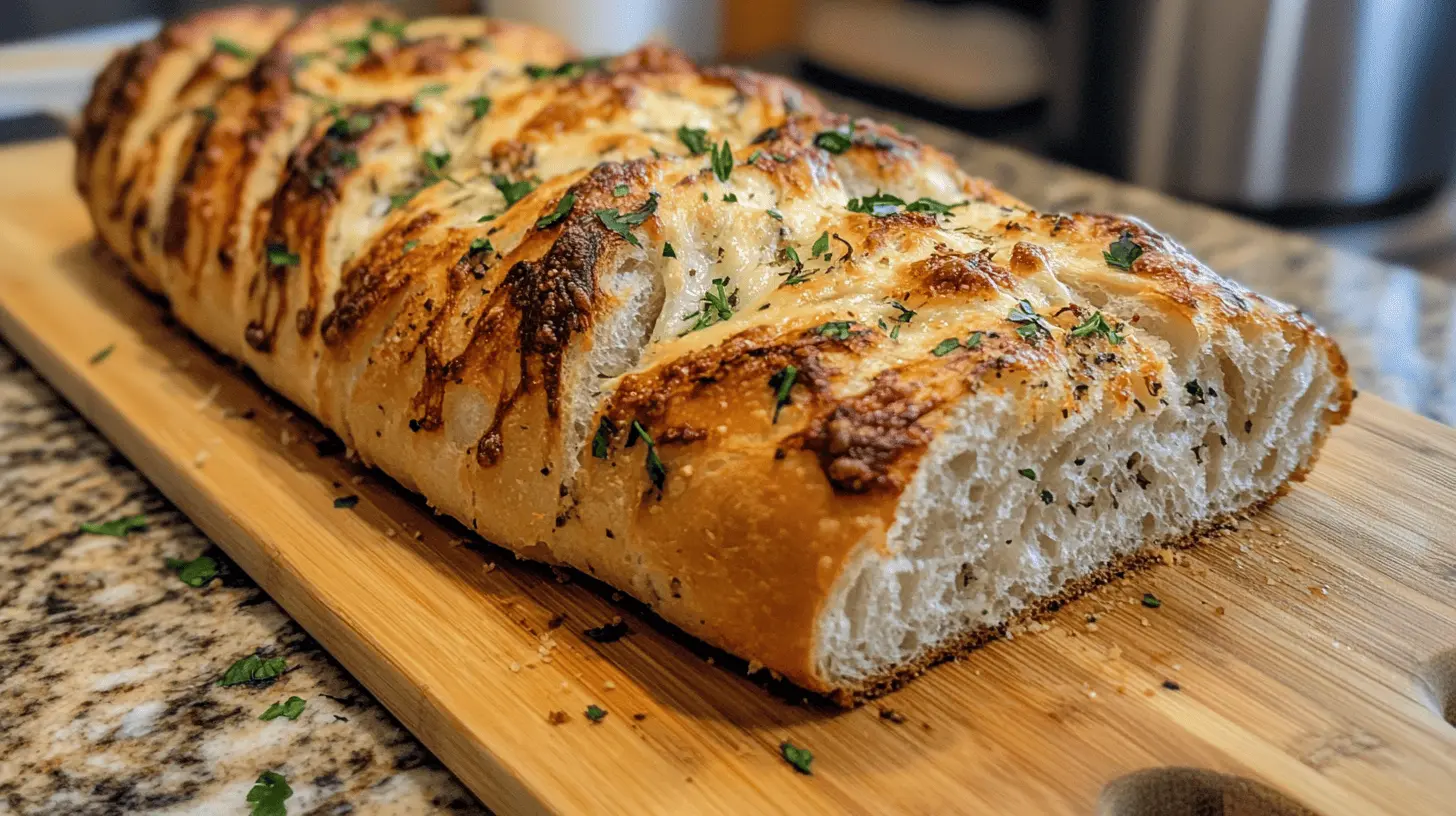 A loaf of Italian herbs and cheese bread on a wooden board.