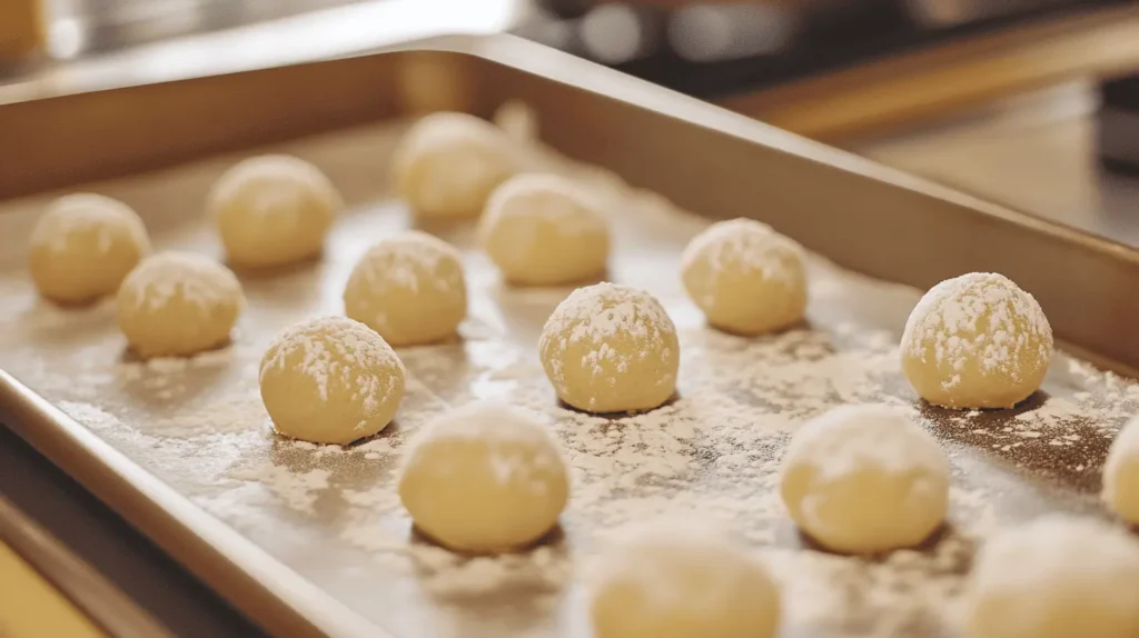 Unbaked lemon cookie dough balls coated in powdered sugar on a parchment-lined baking sheet, ready for the oven."