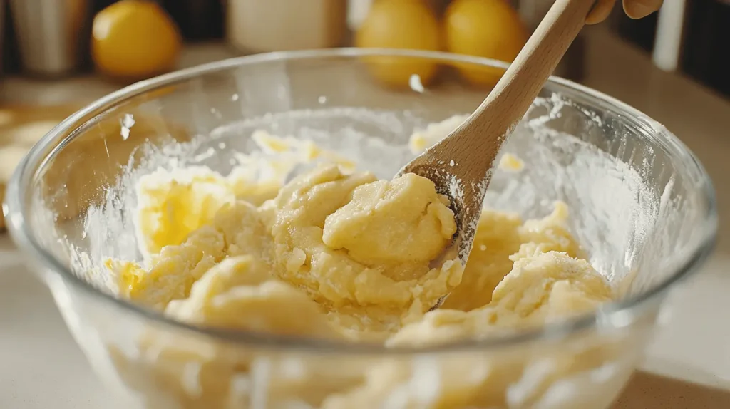 Lemon cookie dough in a glass mixing bowl with a wooden spoon, highlighting its creamy texture and flecks of lemon zest.