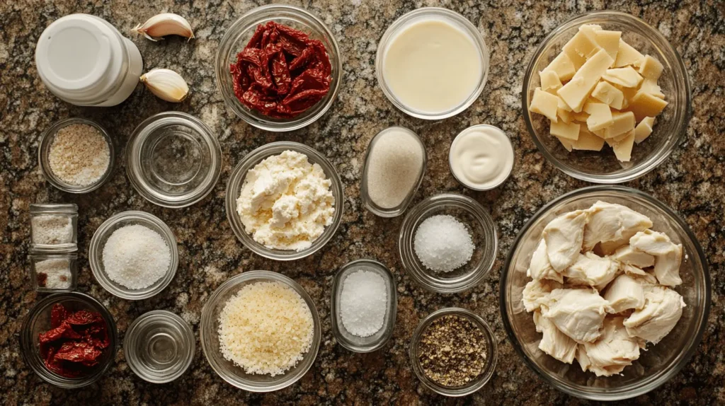 Flat lay of Marry Me Chicken ingredients including chicken breasts, heavy cream, Parmesan, sun-dried tomatoes, and garlic.