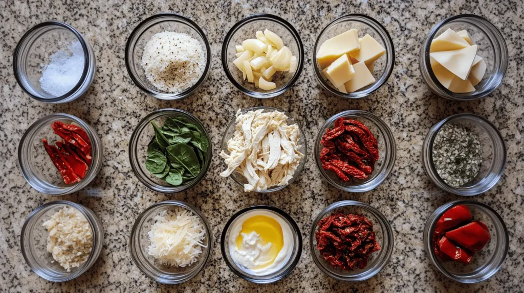 A flat lay of Marry Me Chicken Soup ingredients, including chicken breast, sun-dried tomatoes, Parmesan cheese, spinach, heavy cream, and chicken broth, neatly arranged on a marble countertop.