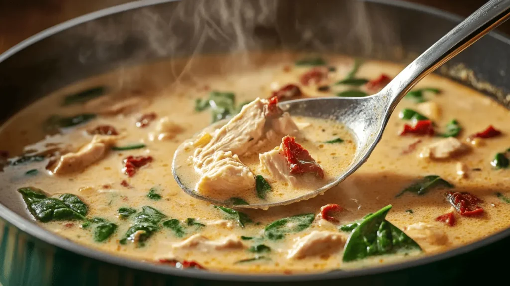 A ladle scooping creamy Marry Me Chicken Soup from a pot, showing tender chicken pieces, spinach, and sun-dried tomatoes in a rich broth.