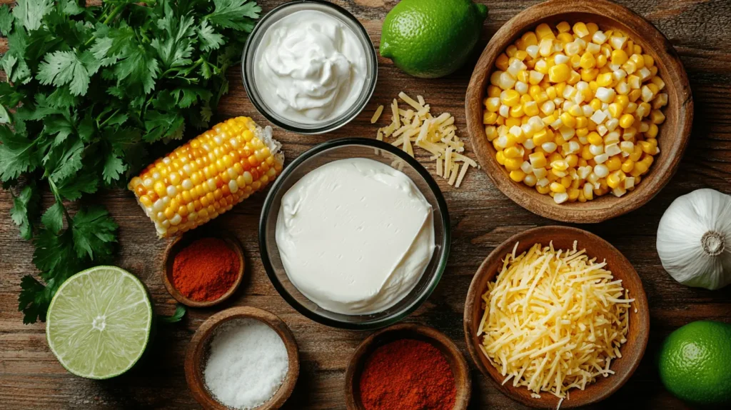 Ingredients for Mexican Corn Casserole, including corn, cream cheese, sour cream, shredded cheese, spices, and lime, arranged on a wooden countertop.