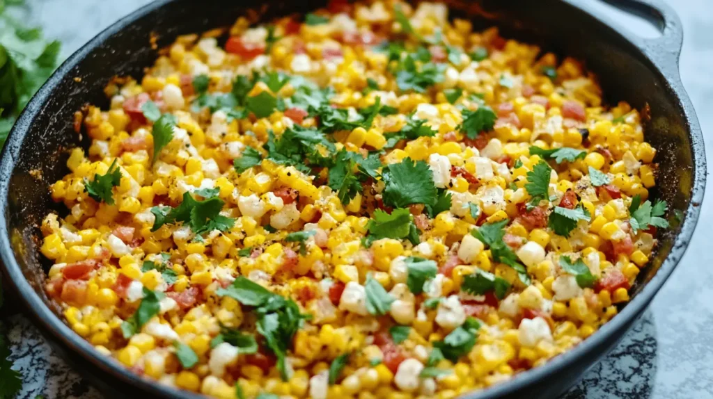 Close-up of Mexican corn casserole in a cast iron skillet, garnished with fresh cilantro, roasted peppers, and creamy cheese, with warm natural lighting.