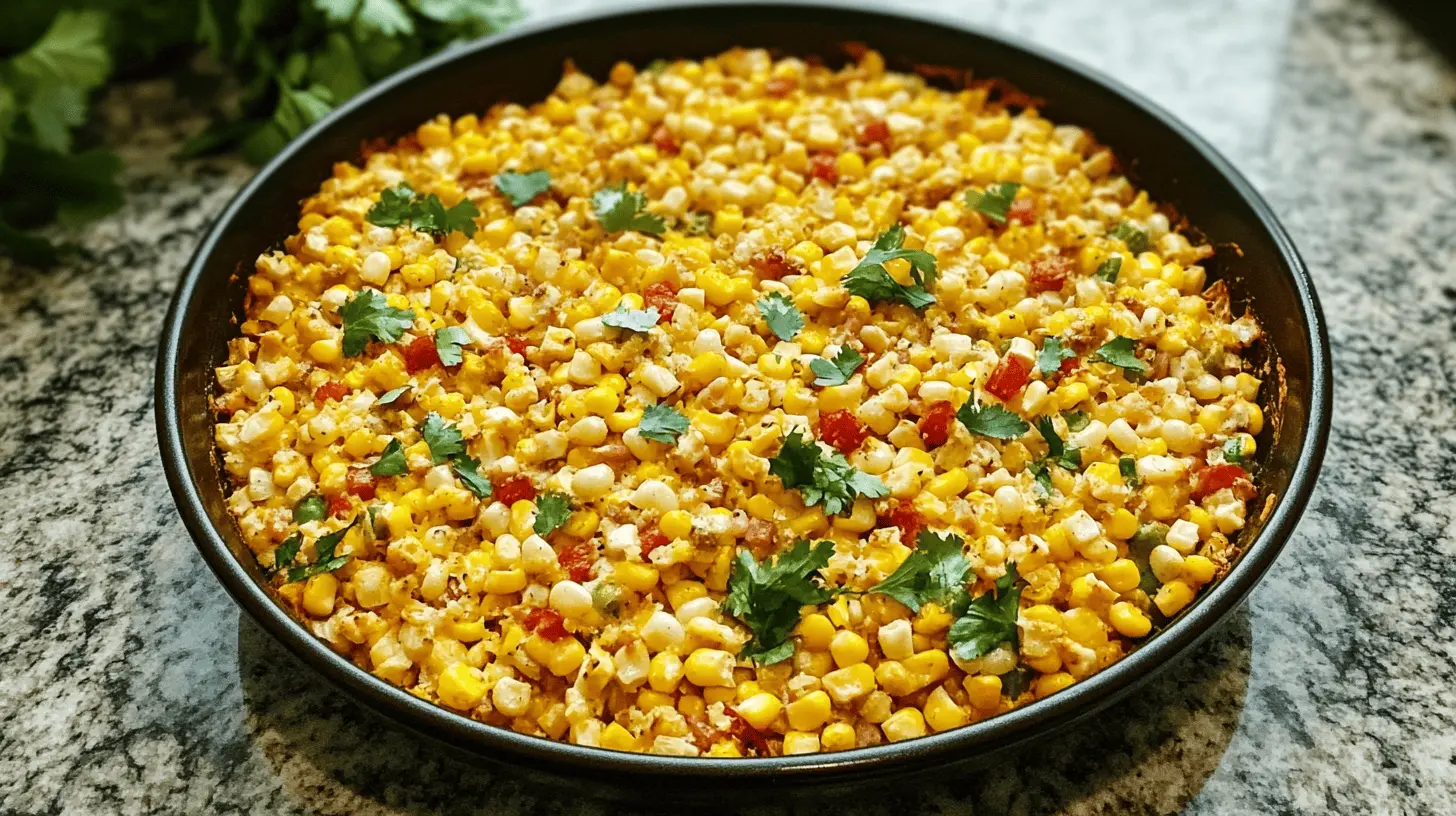 Freshly baked Mexican corn casserole topped with vibrant cilantro, roasted red peppers, and a golden crust, served in a black baking dish on a granite countertop.