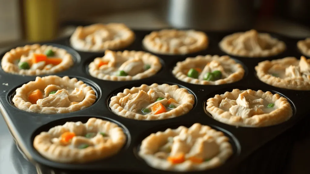 Mini chicken pot pies in a muffin tin, showing pie crusts filled with creamy chicken and vegetable filling, ready for baking.