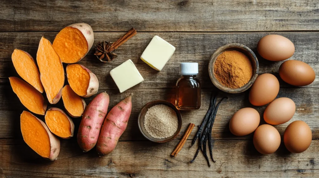 Fresh sweet potatoes, butter, brown sugar, eggs, milk, cinnamon, and nutmeg arranged on a rustic wooden table.