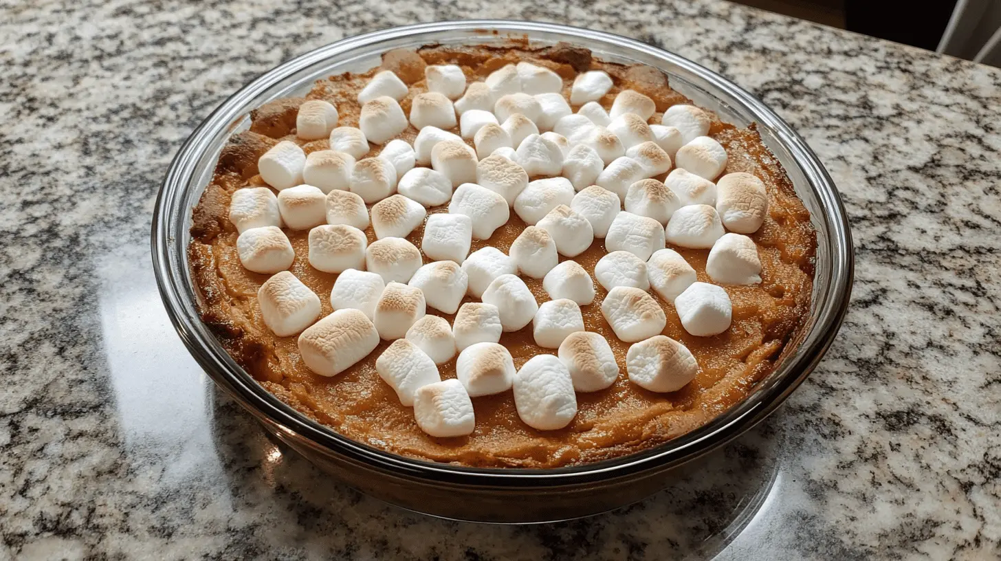 Old-Fashioned Sweet Potato Casserole served on a marbel countertop