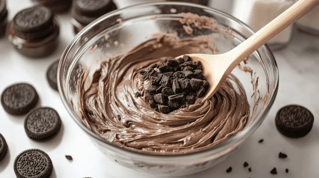 Chocolate batter with crushed Oreos being mixed in a glass bowl using a wooden spoon.