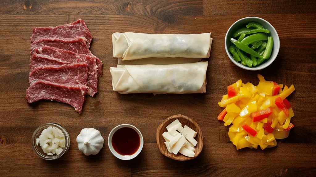 Ingredients for Philly Cheesesteak Egg Rolls, including ribeye steak, onions, bell peppers, provolone cheese, egg roll wrappers, and Worcestershire sauce.