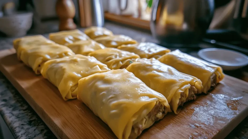 Uncooked Philly Cheesesteak Egg Rolls wrapped tightly and ready for frying, arranged neatly on a wooden cutting board.