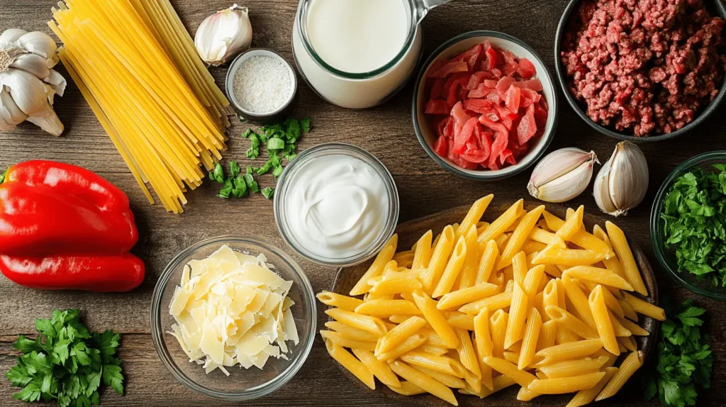 Flat lay of ingredients for Philly Cheesesteak Pasta, including ground beef, pasta, onions, bell peppers, Provolone cheese, and heavy cream on a rustic wooden table.