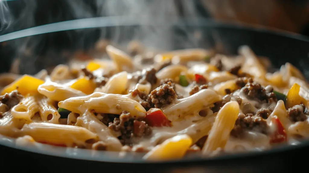 Philly Cheesesteak Pasta in a skillet, with creamy sauce coating penne, tender beef, and colorful bell peppers.