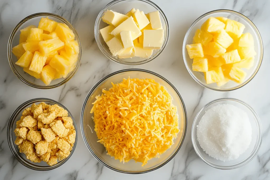 Layering pineapple, cheese, and cracker topping in a baking dish for pineapple casserole.