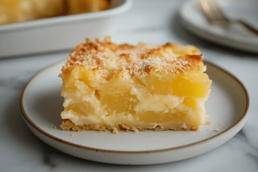 A slice of pineapple casserole served on a plate on a marble countertop