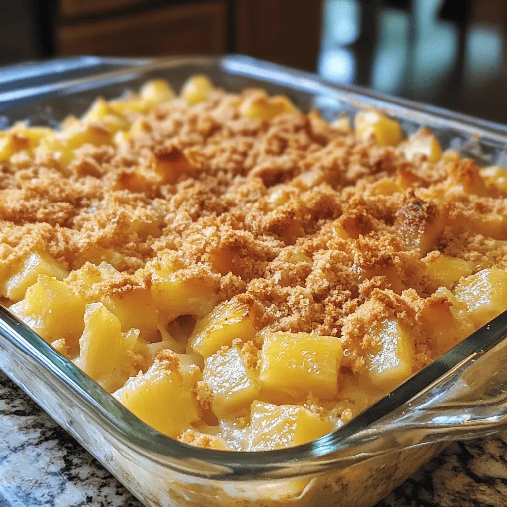 A freshly baked pineapple casserole in a white dish with a golden cracker topping and melted cheese.