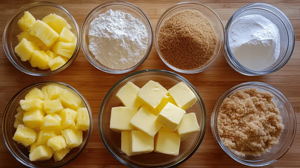 Ingredients for pineapple dump cake, including canned pineapple, yellow cake mix, butter, and brown sugar, neatly arranged on a wooden countertop